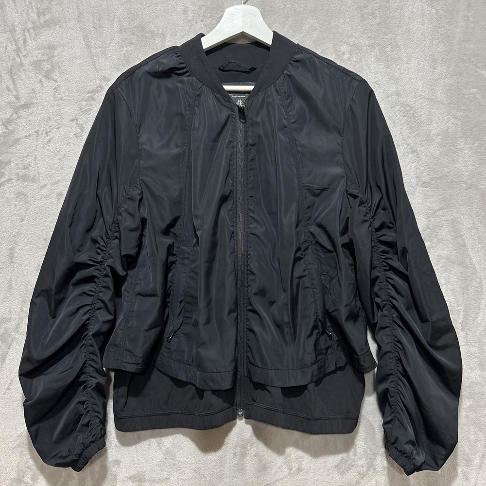 Athleta Womens‎ Black Double Layer Ruched Sleeve Full Zip Bomber Jacket Size M